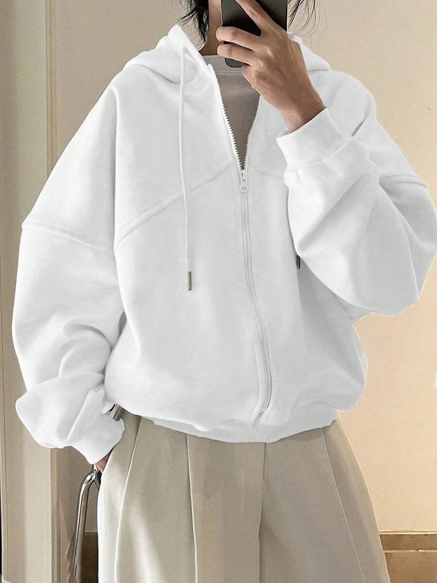 INAWLY 女士纯色落肩长袖拉链连帽休闲卫衣，秋季，毕业季，教师节，返校季 - 白色 - 查看 1