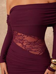 Lumalex Women's Burgundy Autumn Elegant Dining Dress,Asymmetrical Open Shoulder Long Sleeve Lace Patchwork Ruched Bodycon High Slit Formal Prom Party Gown - Burgundy - View 4