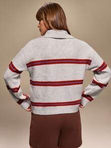 Qadelle Women's Autumn/Winter Polo Collar Half Zip Striped Contrast Color Loose Knit Sweater - Grey - View 2