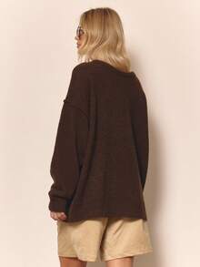 MUSERA 蓬松针织超大款缝线细节圆领套头衫 冬季居家服 舒适 工作 可爱 优雅 休闲 春季度假毛衣 - 咖啡棕 - 查看 4