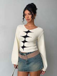 Jeanoix Damen Kontrast-Farbmuster Langarm Strickpullover