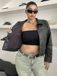 SHEIN EZwear Plus Size Vintage Distressed PU Contrast Stripe Zipper Casual Jacket, Autumn Winter Brown Leather Jacket Women Y2k Jacket Women Brown Jacket Motorcycle Women Cropped Leather Jacket - Brown - View 7