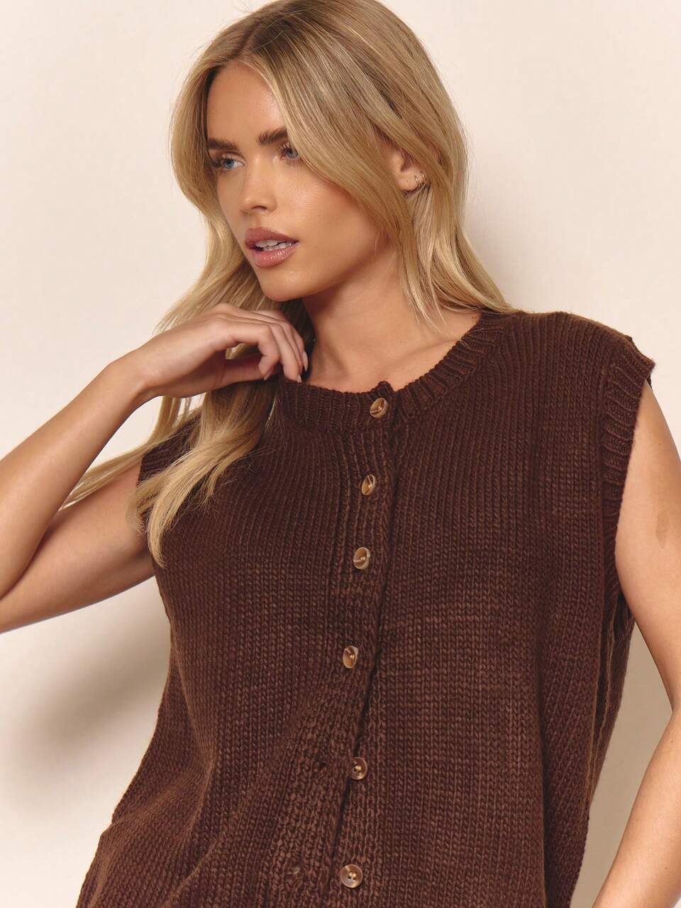 Chunky Knit Oversized Button Through Sleeveless Top Winter Loungewear Cosy Work Cute Elegant Casual Evening Elegant Party