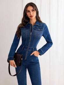 Elenzga Women's Casual Street Style Zipper Denim Jumpsuit