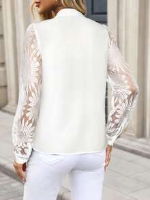 SHEIN Clasi 女式优雅纯色向日葵图案蕾丝拼布衬衫，秋冬 - 白色 - 查看 2