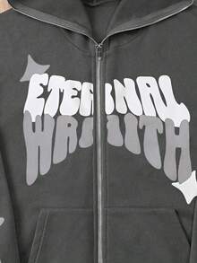 SHEIN Teenage Boys' Hooded Y2K Streetwear Zip-Up Sweatshirt, Halloween Letter Print - Dark Grey - View 4