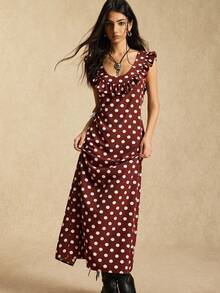 Easelle Vintage Women's Lace Trim, Polka Dot, Printed Long Dress Backless Ruffle  Long Summer Dress For Women  Party - Brown - View 4