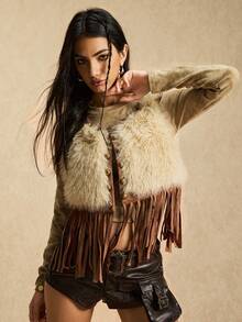 Easelle Áo khoác vest thời trang viền tua rua kaki cho nữ - màu nâu - Xem 4