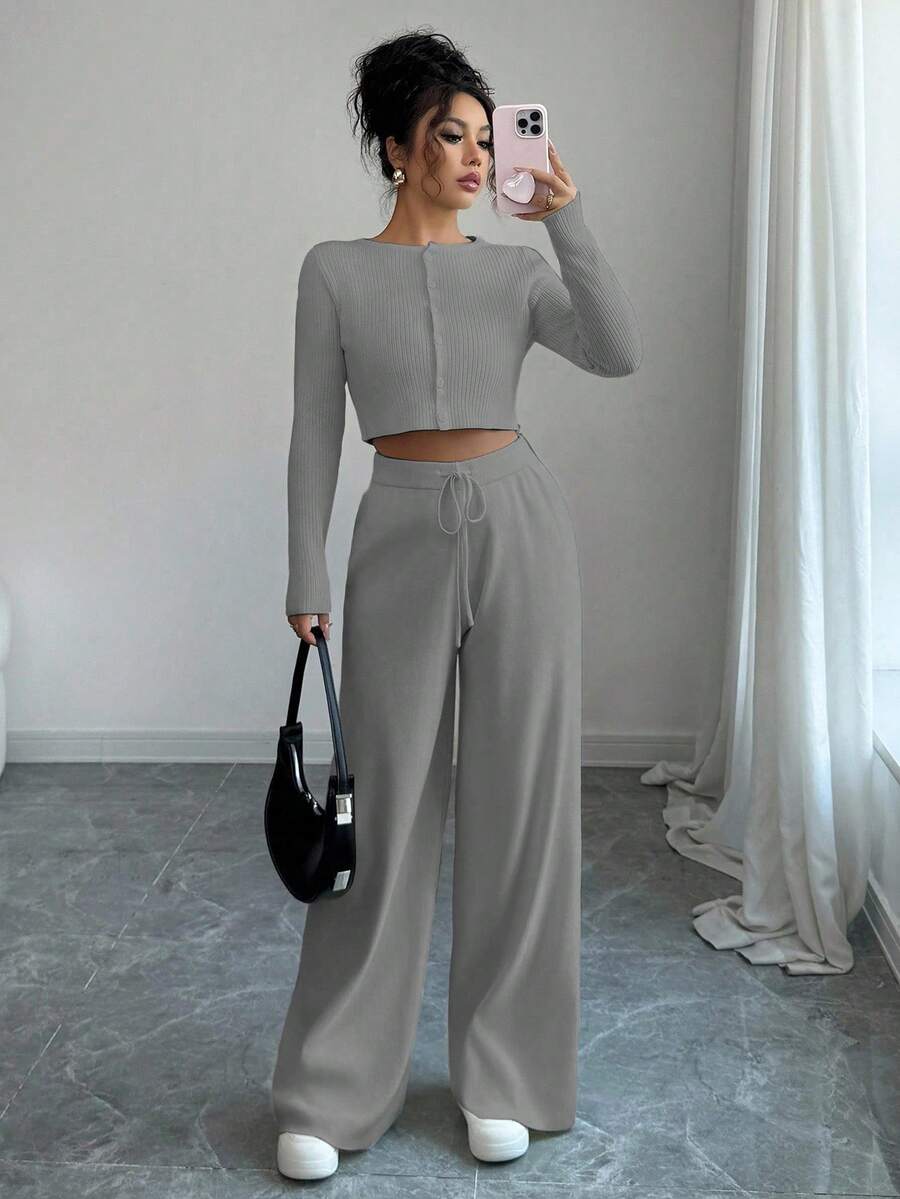 Modelyn Bộ 2 món áo khoác cardigan ngắn màu trơn thanh lịch đi làm cho nữ và quần len - Xám - Xem 1