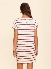 SHEIN LUNE Round Neck Pocket Striped Casual Comfortable Straight Cut Basic Women Dress,Shirt Dresses For Women