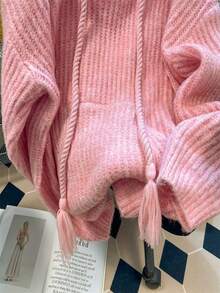 Resyla Áo len trùm đầu dài tay màu trơn có túi và dây rút cho nữ, mùa thu/đông - Hồng - Xem 4