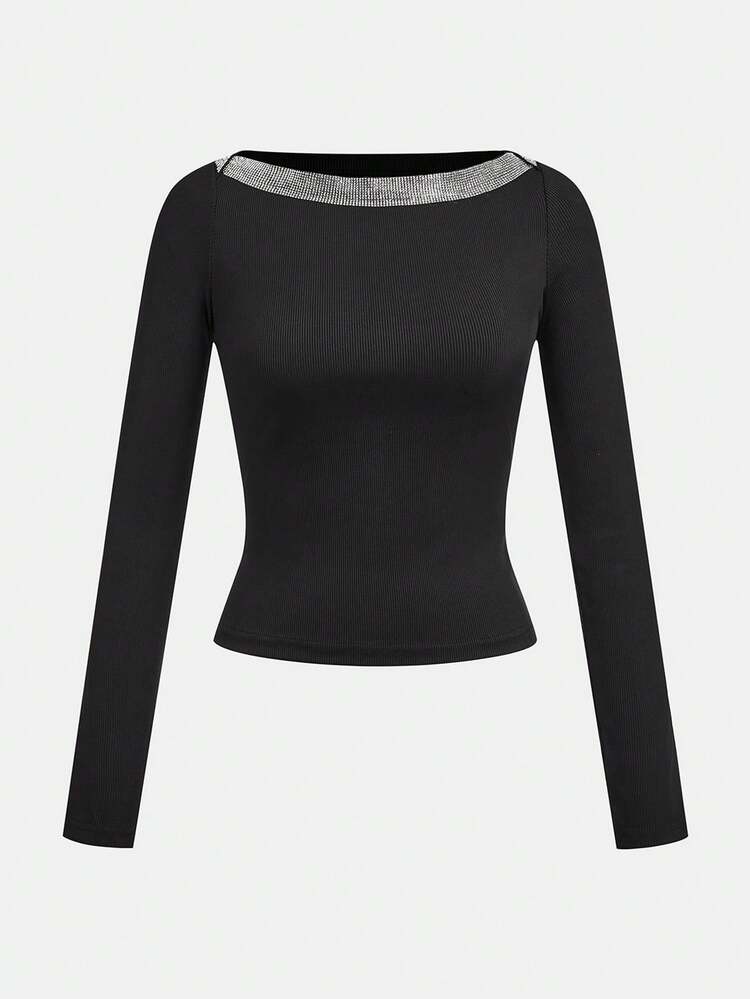 SHEIN Maija Women's Elegant Rhinestone Embellished Long Sleeve Fitted T-Shirt, Spring/Autumn
