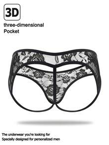 1 件男士性感内裤，带黑玫瑰蕾丝花边和镂空后背 - 黑色 - 查看 2