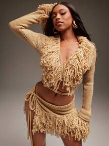 Denimoi Open Front Tie Waist Fringe Detail Cropped Sweater Cardigan - Brown - View 4