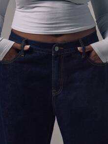 MUSERA 大码撞色缝线阔腿牛仔裤，日常街头风休闲胶囊衣橱必备单品，修身显瘦 - 藍色 - 查看 3