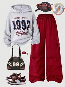 SHEIN 两件套：少女1997加州字母印花连帽卫衣+红色工装裤，休闲街头风穿搭，秋冬款 - 彩色 - 查看 1