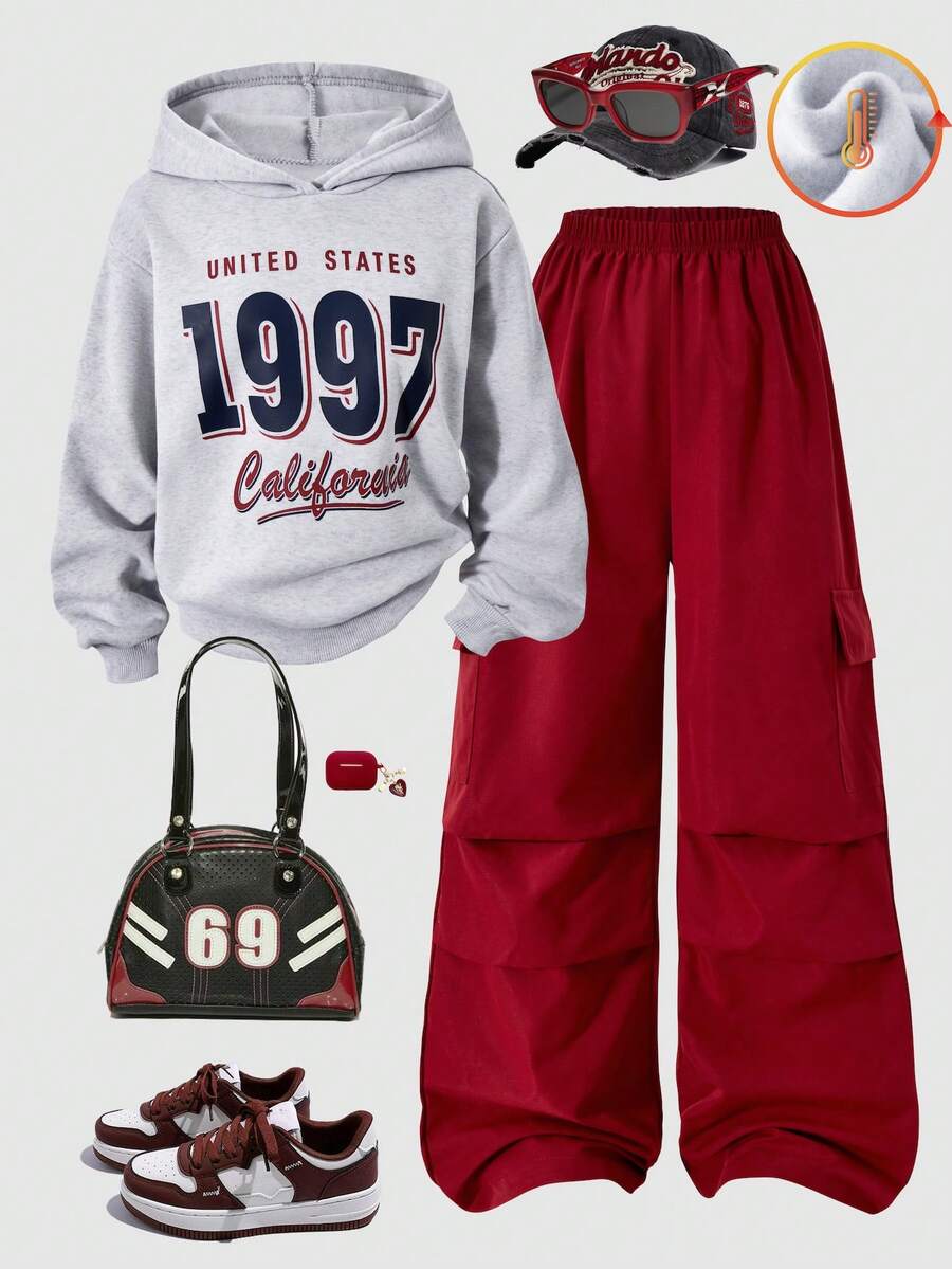 SHEIN 两件套：少女1997加州字母印花连帽卫衣+红色工装裤，休闲街头风穿搭，秋冬款 - 彩色 - 查看 1