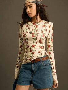 SoleilVie 春夏新款印花圆领休闲百搭长袖T恤，复古风，通勤百搭，柔软亲肤面料，适合户外穿着，新款女士T恤，情人节图案 - 杏色 - 查看 4