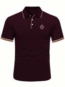 Manfinity Homme 男士酒紅色休閒夏季 Polo 衫，老錢風拼接條紋高爾夫球衫，刺繡細節棕色商務通勤時尚 T 恤，正式款 - 棕色 - 查看 4