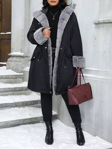 Elenzga Plus Size Women Hooded Long Sleeve Cinched Waist Casual Winter Jacket