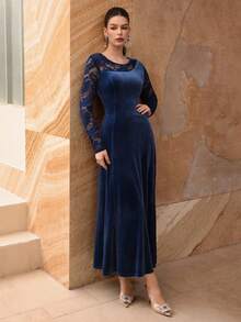 Modelyn French Elegant Elegant Round Neck Design Velvet Contrast Lace Dress - Blue - View 4