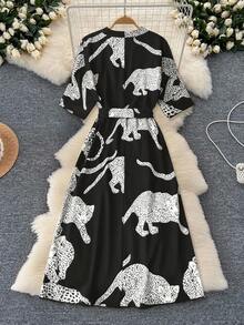 GlowEve 女士优雅 V 领交叉领结豹纹动物印花长袖中长连衣裙，通勤、度假和四季皆宜 - 彩色 - 查看 2