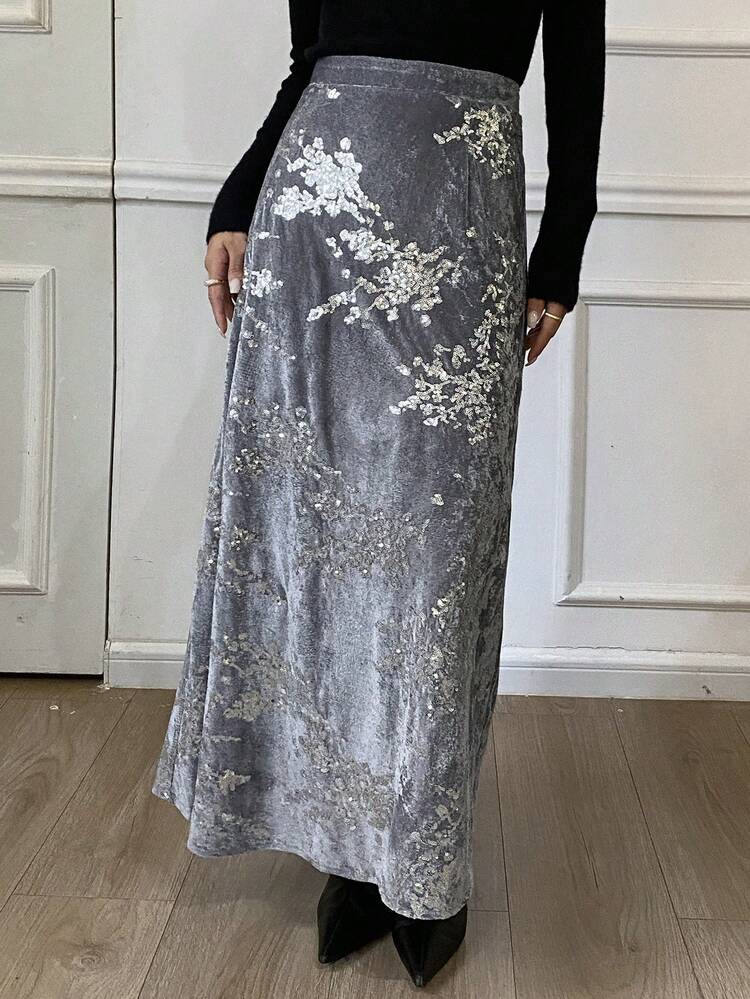 Floral Sequin Embellished Velvet Skirt, Elastic Waist A-Line Elegant Skirt For Women, Autumn/Winter
