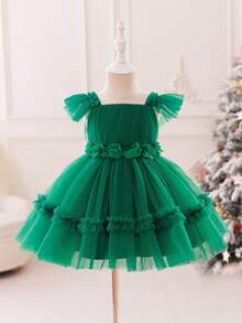 SHEIN Glamorique Kids Robe de princesse pour bébé fille à Noël, tenue de fête, robe du Père Noël, robe du Nouvel An, robe de bal à manches courtes en maille vert émeraude pour enfants, occasion formelle, représentation sur scène, robe du Moyen-Orient