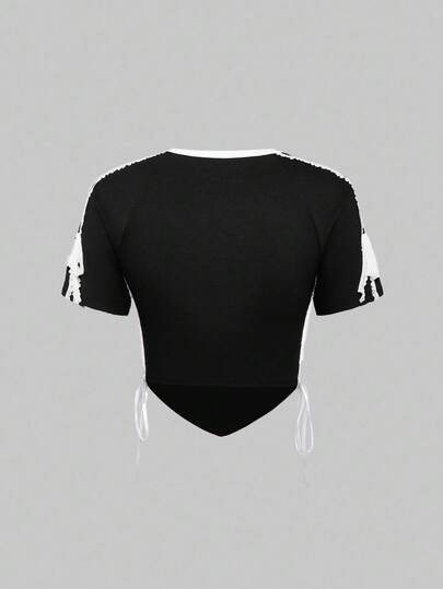 ROMWE Avant Women's Sexy Sports Ballet Lace Patchwork Embroidered Numeric Tight T-Shirt