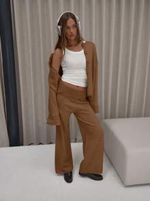 MUSERA Button Down Cuff Detail Boxy Fit Knit Cardigan Co-Ord Top Classy Cute Sexy Streetwear   Blancs Evening Party Elegant - Chocolate Brown - View 3