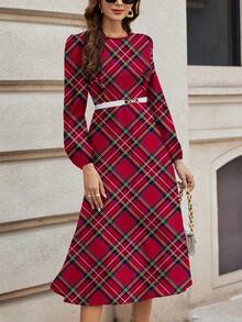 SHEIN Clasi Red Plaid Print Casual Dress, Suitable For Daily Wear And Christmas - Multicolor - View 5
