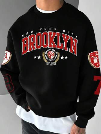 Manfinity Roghcode Men Brooklyn Letter Casual Crew Neck Fleece-Lined Sweatshirt, NYC Retro College Style For Daily Wear Brooklyn Jersey, Fall/Winter