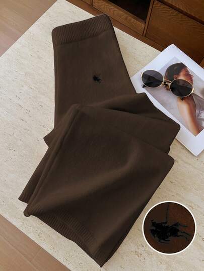 Elamini Pantalones de punto con cordón y bordado blanco, versátil y casual para exteriores