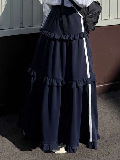 FRIFUL Women's Contrast Color Elastic Waist Ruffle Trim Side Contrast Stripe Design Flared Hem Loose Casual Versatile A-Line Skirt, Autumn/Winter