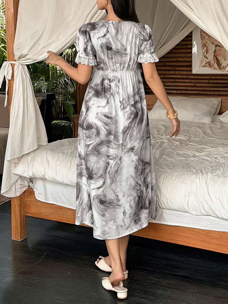 Chinese Style Tie Dye Print Lace Patchwork Waist Cinched Long Women Nightgown