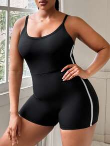 SHEIN Sports 女式无袖撞色侧边带短款运动连体裤，适合日常休闲穿着、瑜伽、跑步，加大码 - 黑色 - 查看 6