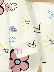 2 件套女孩秋冬时尚创意可爱卡通天使翅膀花心图案印花休闲保暖舒适服装，包括连帽运动衫和运动裤 - 彩色 - 查看 5