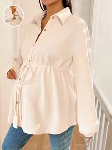 SHEIN 孕妇纯色落肩长袖单排扣抽绳腰休闲哺乳上衣 - 卡其色 - 查看 3