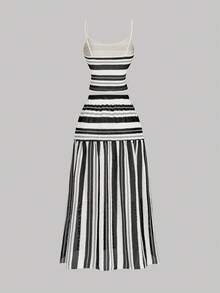 SHEIN MOD 女士杏色和黑色条纹优雅荷叶边吊带背心和长裙两件套，女士度假装，女士西部装，乡村装，度假两件套 - 黑與白 - 查看 2