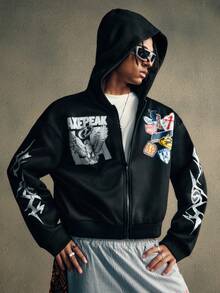 AXEPEAK 街头休闲嘻哈印花男士连帽卫衣，长袖上衣 - 黑色 - 查看 1