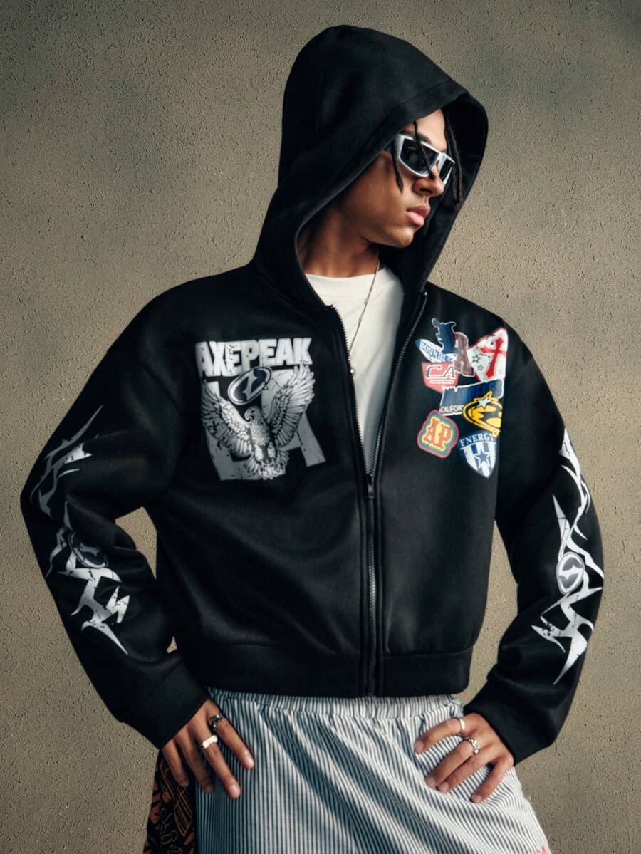 Áo nỉ trùm đầu in họa tiết hip hop đường phố AXEPEAK dành cho nam, áo dài tay - màu đen - Xem 1