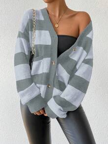 EMERY ROSE Autumn/Winter New Design Striped Faux Mink Fleece Cardigan Sweater For Women - Dark Grey - View 1