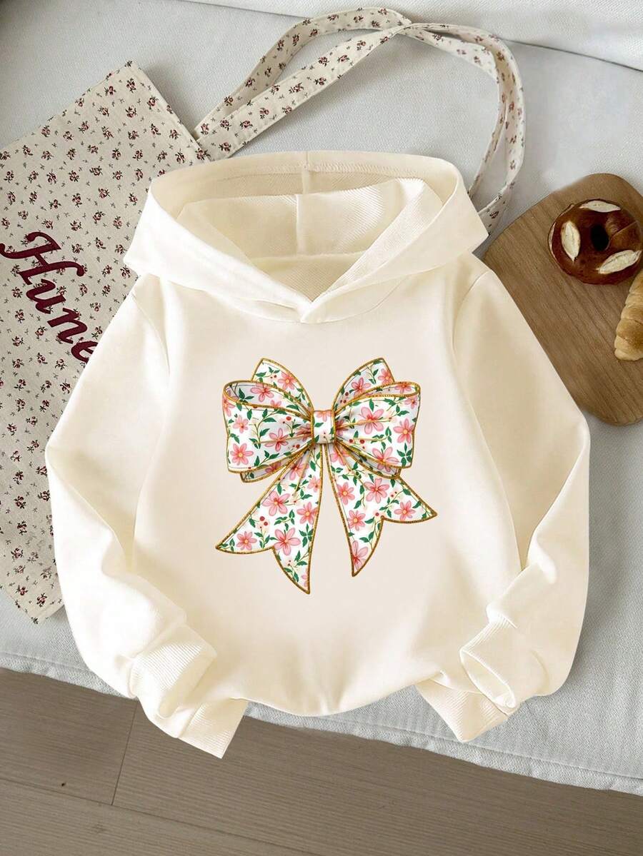 SHEIN 女婴秋季休闲舒适连帽卫衣，粉色花卉箔印花蝴蝶结设计，舒适套头连帽衫，适合幼儿和小女孩的简约清新风格，适合秋冬季，温暖、舒适、时尚休闲装，适合派对、户外野餐、街头摄影、节日、礼物