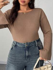 Dazy Plus Plus Size Women Elegant Solid Color Loose Fit Flare Sleeve Crew Neck Split Hem Pullover Sweater, Autumn/Winter - Khaki - View 5