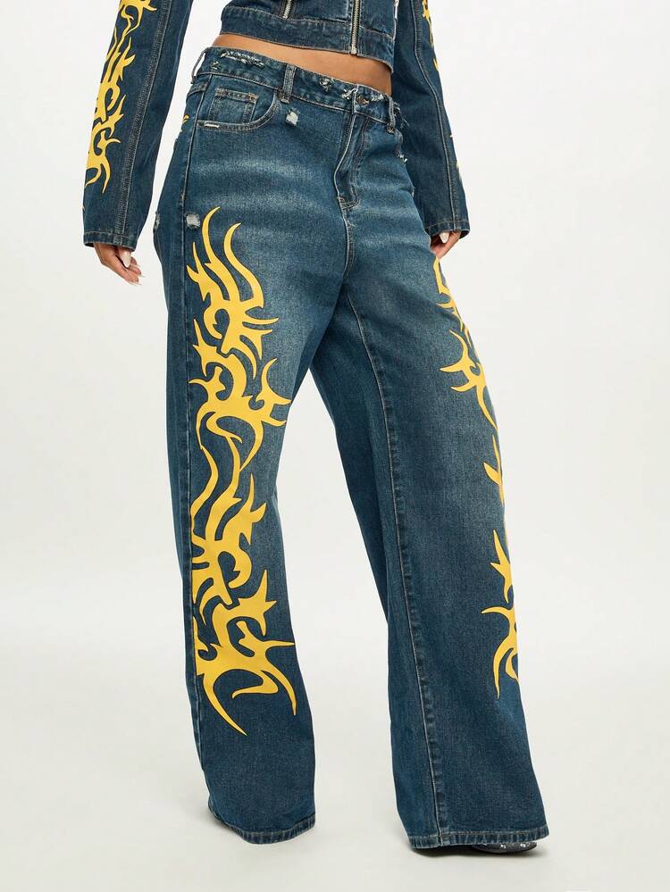 SUMWON WOMEN Baggy Wide Leg Jeans With Flame Print
