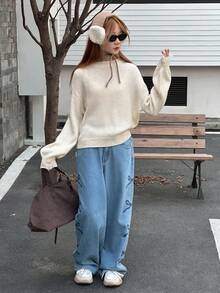 DAZY Suéter de manga larga minimalista y casual de unicolor para adolescentes