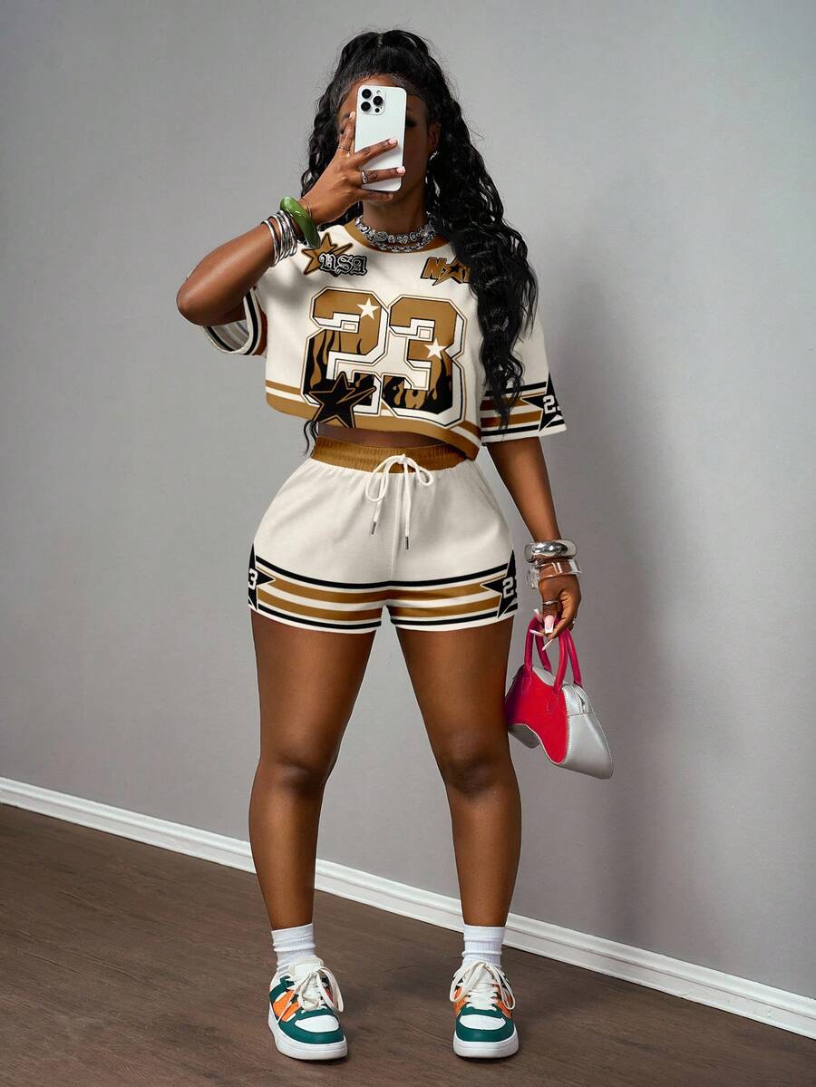 Slaydiva 2件套女士休闲运动街头风#23圆领短袖T恤和短裤T恤套装，适合春夏 - 彩色 - 查看 1