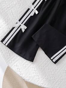 SHEIN 年轻女孩百搭休闲黑色蝴蝶结松紧腰宽松裤 - 黑色 - 查看 12