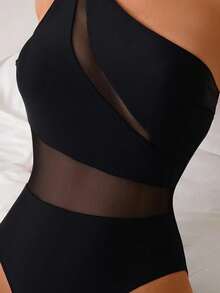 Swim Lushoire Women Solid Color Mesh Patchwork One-Piece Swimsuit, Asymmetric One Shoulder Backless Casual Elegant Vacation Swimwear