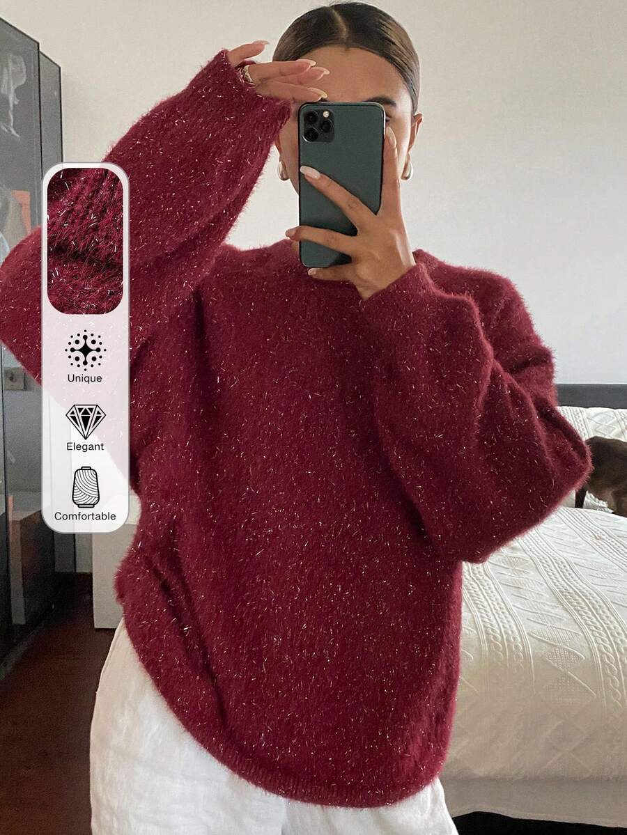 Livesso 女士宽松商务休闲时尚街头优雅红色亮片闪亮新年圣诞节婚礼情人节套头针织毛衣，秋冬 - 紅色 - 查看 1